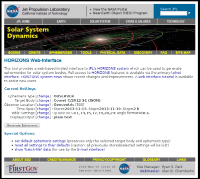 Horizons Web-Interface to obtain your own ephemeris table
