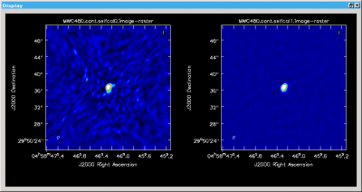 Continuum image of the original data (left) and after the first self-calibration (right). The two colour scales are aligned and highlight the improvement.