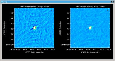 Continuum image after the first iteration (left) and the second iteration (right). The two colour scales are aligned and highlight the improvement.