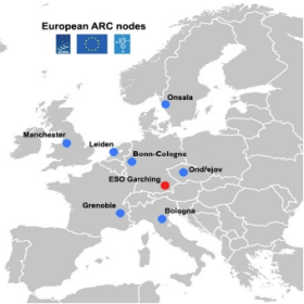 The European ALMA Regional Centre (ARC) Network with its headquarters at ESO in Garching and 7 ARC Nodes distributed over Europe.
